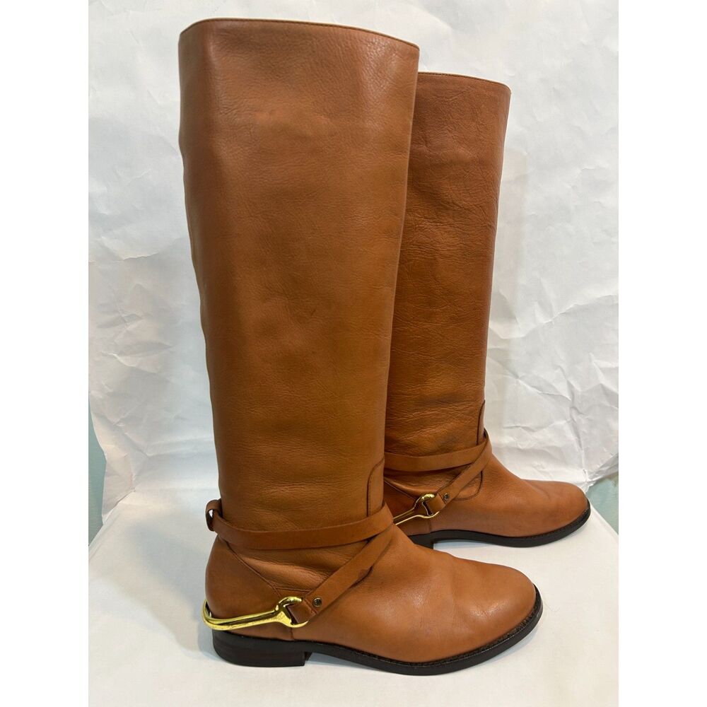 Ralph Lauren Jenny Tall Equestrian Gold Stirrup Cognac Leather Boots Size 6B